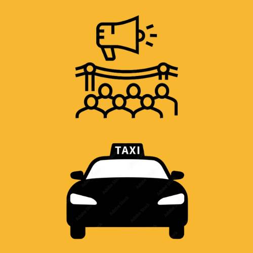 Shows a taxi and a group of people, which represents a event