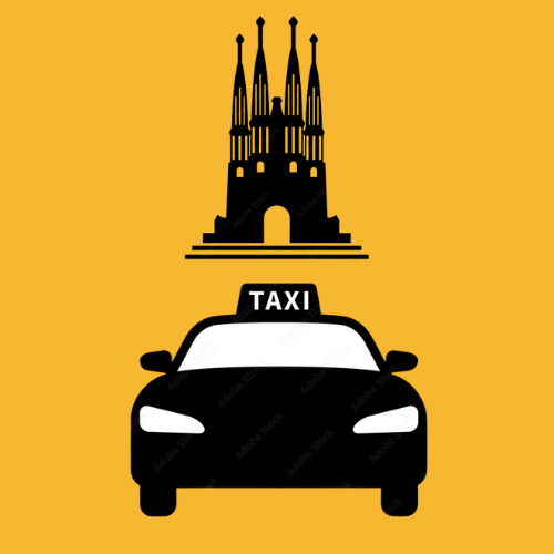 Shows a taxi and Sagrada familia, representing that we do City Tours