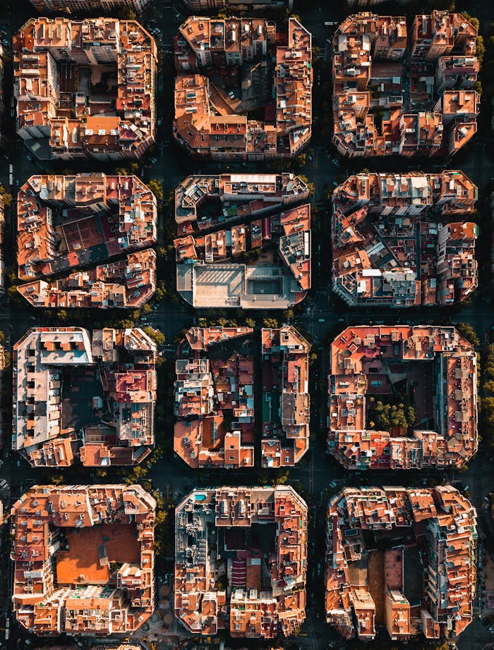 Shows Barcelona grid from a bird eye view